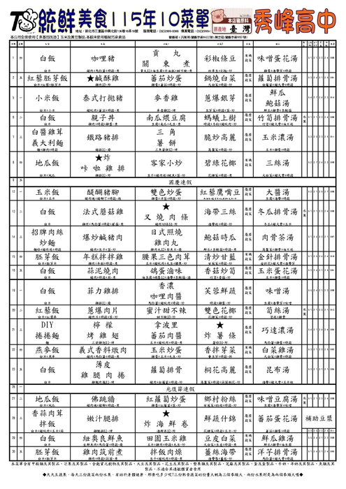 秀峰高中115十月份統鮮菜單